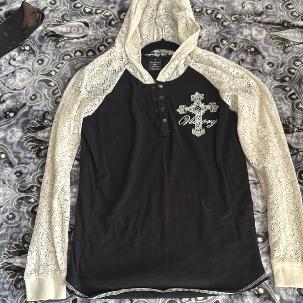 Cowgirl Tuff Black and Cream Hoodie Blouse